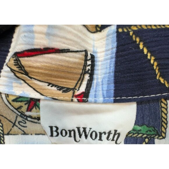 Vintage BonWorth Mens Nautical Print Short Sleeve Shirt M Navy Tan - Picture 2 of 12